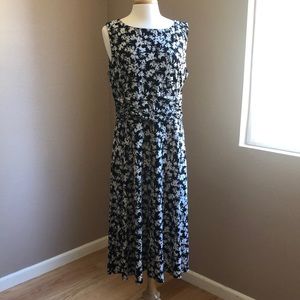 Dress Barn Sleeveless Dress Floral Career Black Ivory Stretchy Tea Length